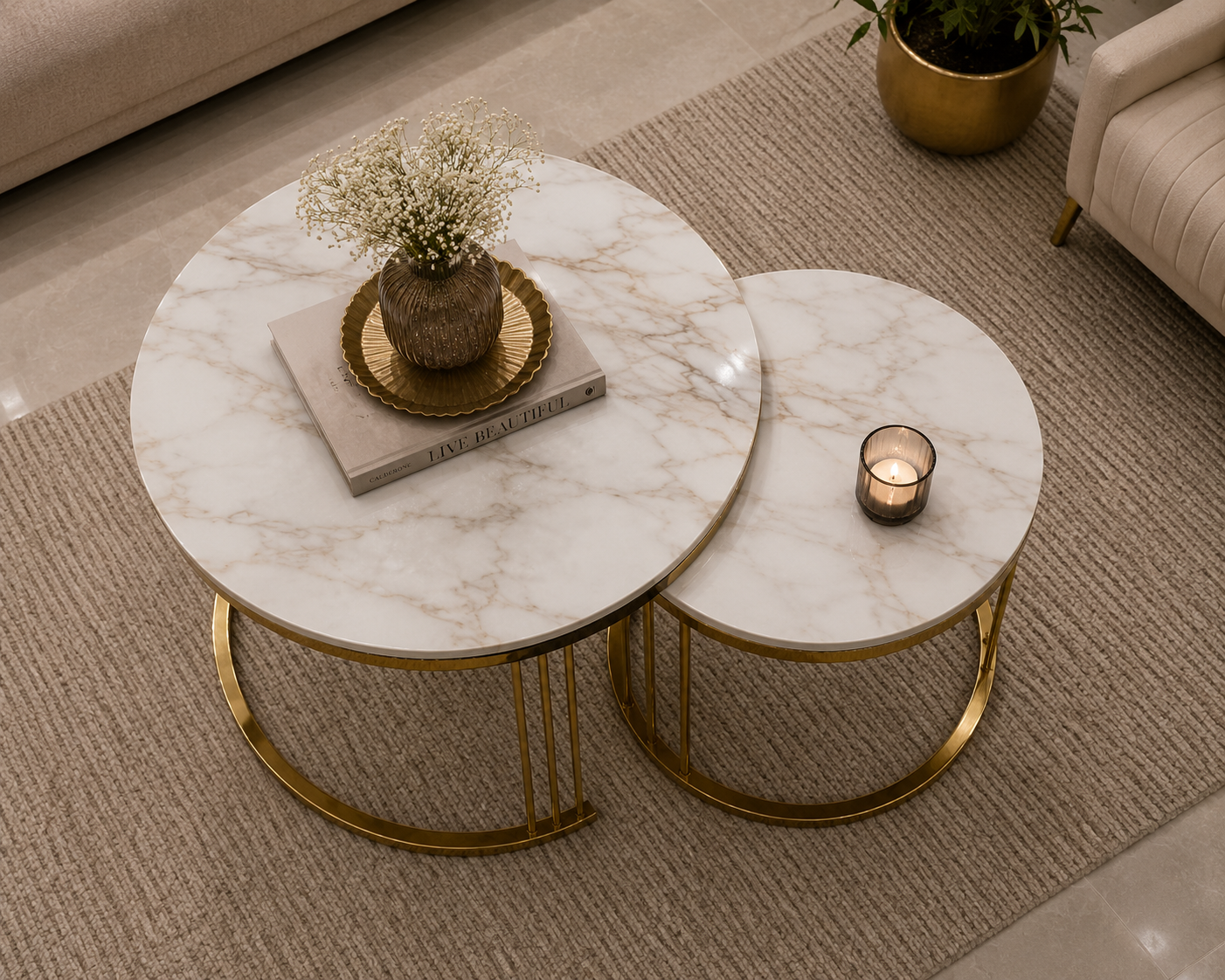 Contemporary Round Golden Frame White Marble Top Designer Nesting Coffee Table Set – Set of 2