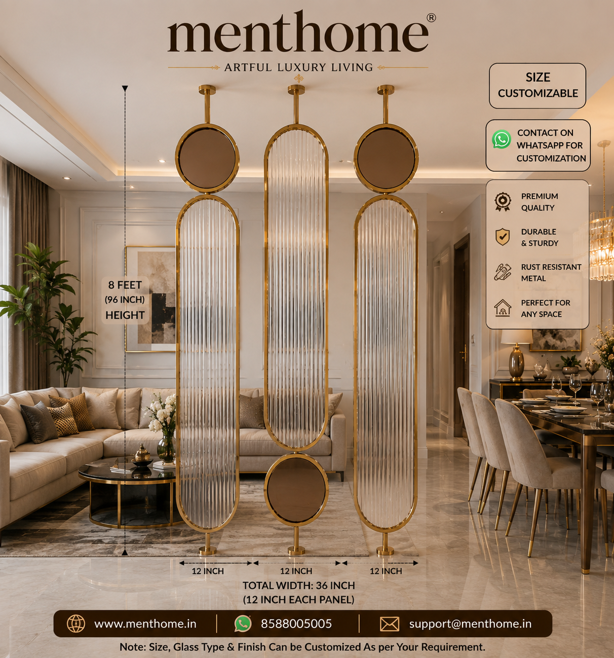 Luxury Golden Fluted Glass & Stainless Steel Room Partition | Designer Living & Dining Divider