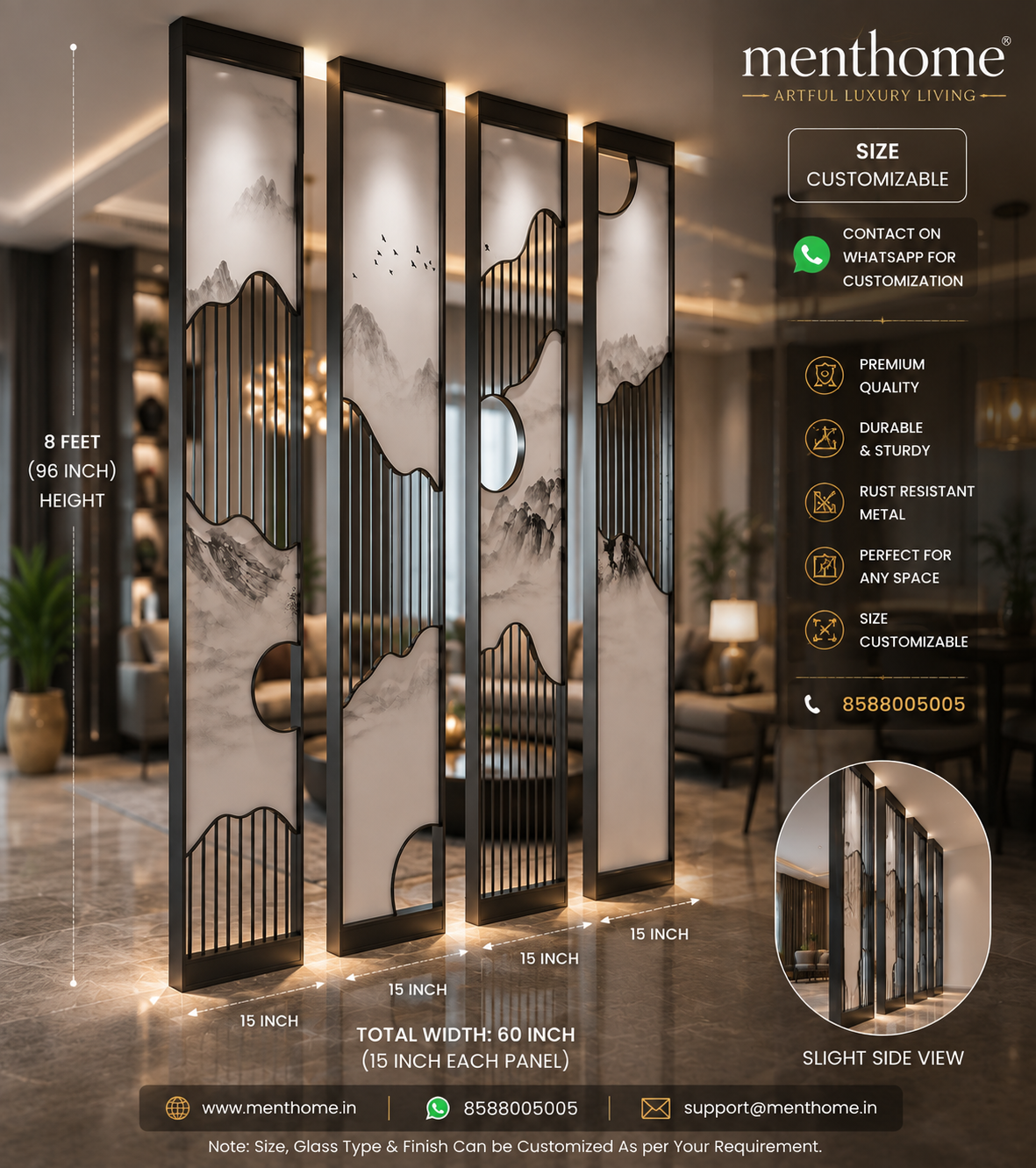 Luxury SS304 Stainless Steel Decorative Room Divider Partition Panel – 8 Ft × 15 Inch | Modern Designer Metal Partition