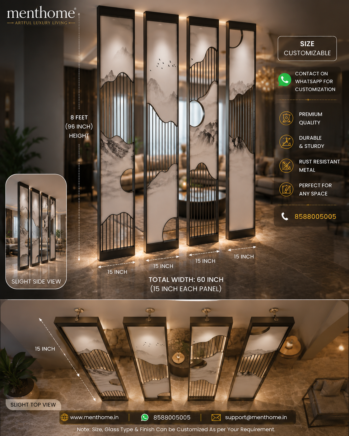 Luxury SS304 Stainless Steel Decorative Room Divider Partition Panel – 8 Ft × 15 Inch | Modern Designer Metal Partition