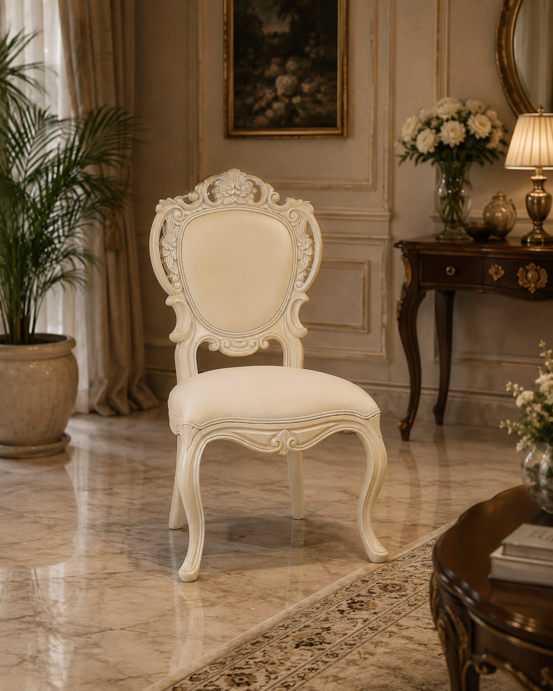Luxury Hand-Carved Teak Wood Dining Chair with Upholstered Seat & Back | Classic Designer Accent Chair
