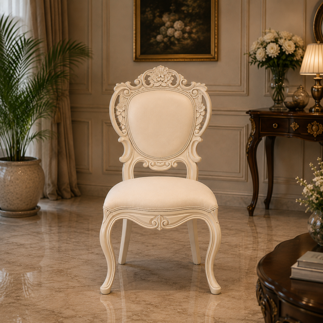 Luxury Hand-Carved Teak Wood Dining Chair with Upholstered Seat & Back | Classic Designer Accent Chair