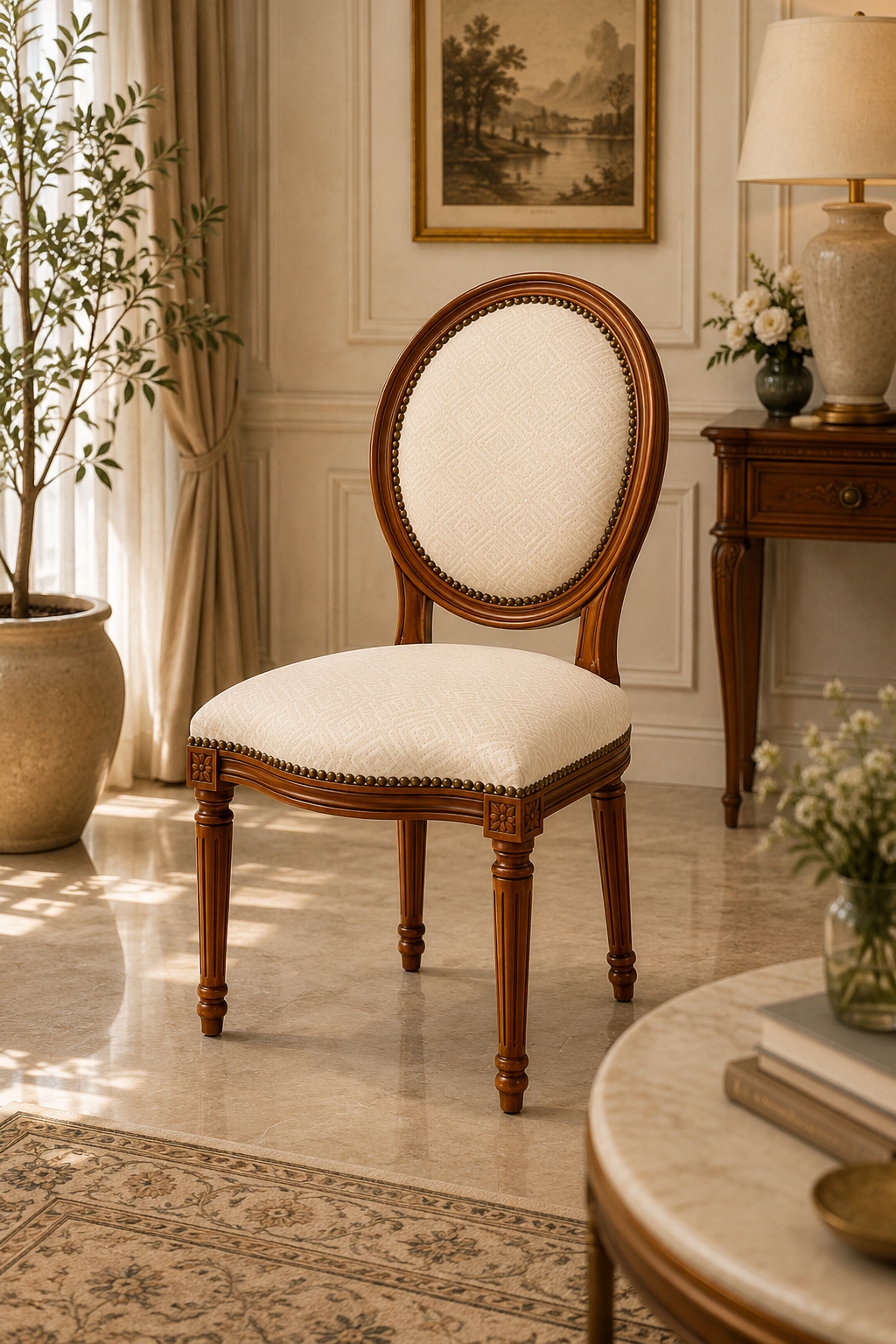 Luxury Acacia Wood Oval Back Upholstered Dining Chair | Classic French Designer Accent Chair