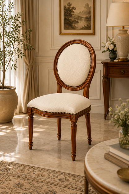 Luxury Acacia Wood Oval Back Upholstered Dining Chair | Classic French Designer Accent Chair