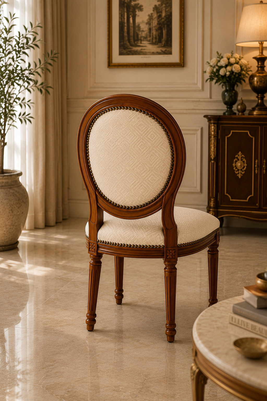 Luxury Acacia Wood Oval Back Upholstered Dining Chair | Classic French Designer Accent Chair