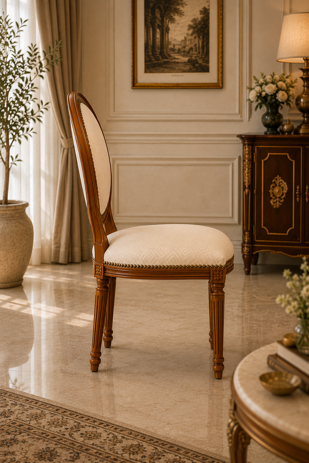 Luxury Acacia Wood Oval Back Upholstered Dining Chair | Classic French Designer Accent Chair