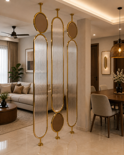 Luxury Golden Fluted Glass & Stainless Steel Room Partition | Designer Living & Dining Divider