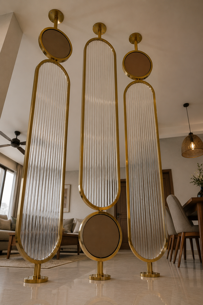 Luxury Golden Fluted Glass & Stainless Steel Room Partition | Designer Living & Dining Divider