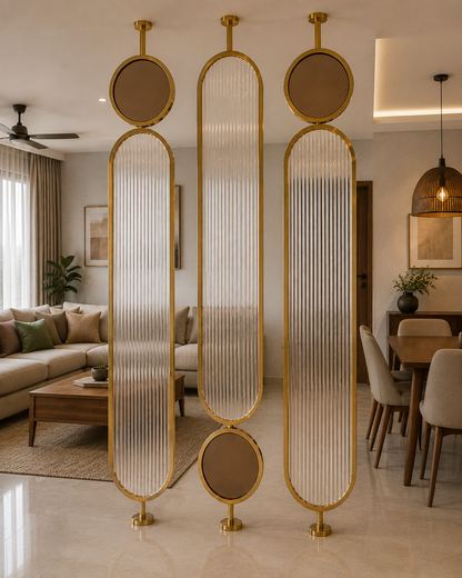 Luxury Golden Fluted Glass & Stainless Steel Room Partition | Designer Living & Dining Divider