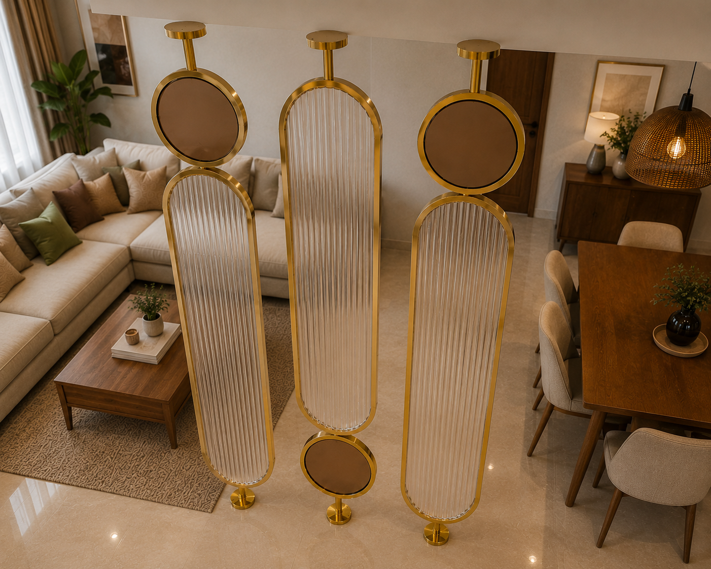Luxury Golden Fluted Glass & Stainless Steel Room Partition | Designer Living & Dining Divider