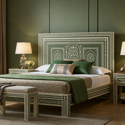 Luxury Green Mother of Pearl Inlay Bed with Minimal Floral Design | Handcrafted Wooden Bed