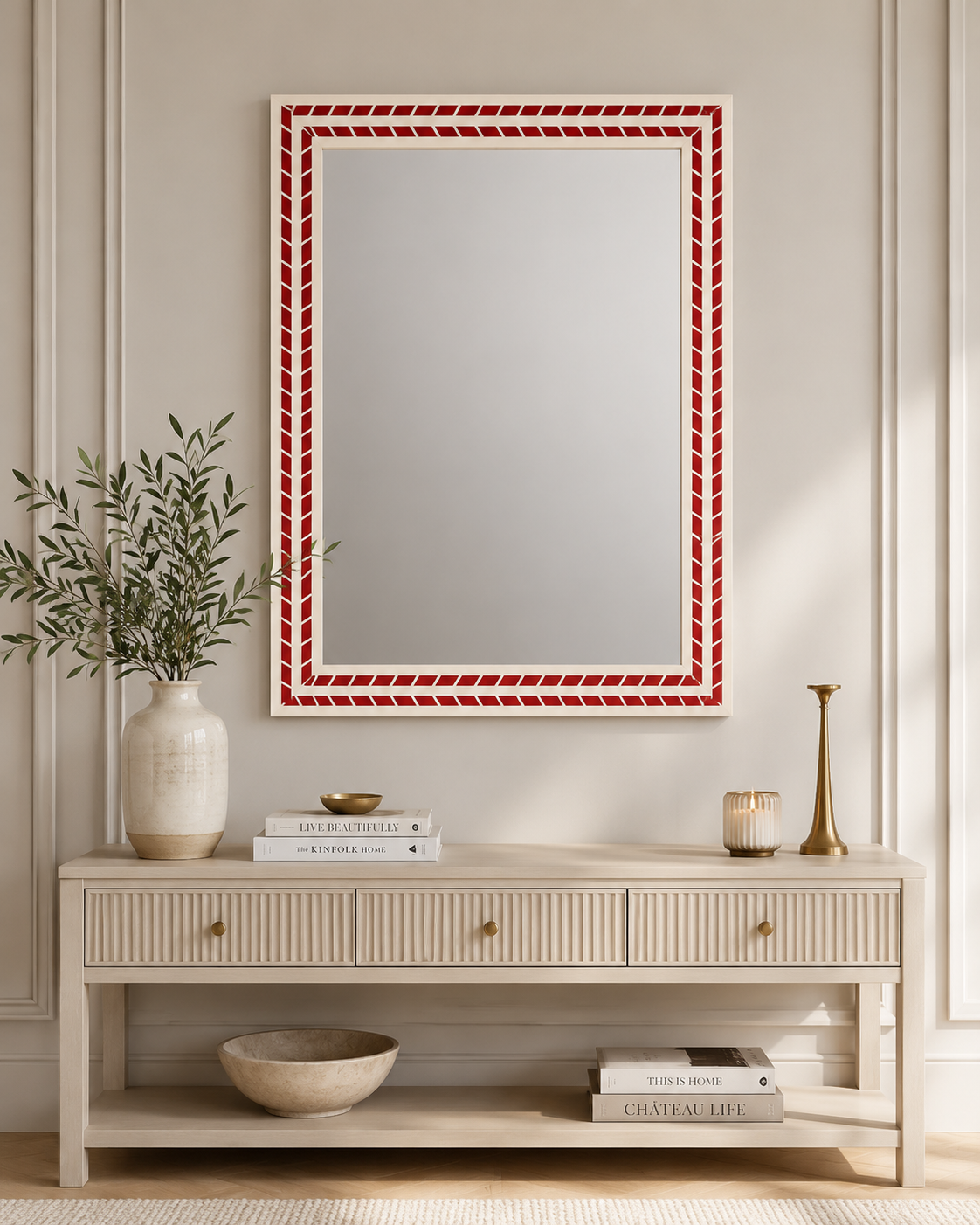Luxury Red & White Bone Inlay Mirror | Handmade Decorative Wall Mirror | Modern Geometric Inlay Mirror | Entryway Bathroom Vanity