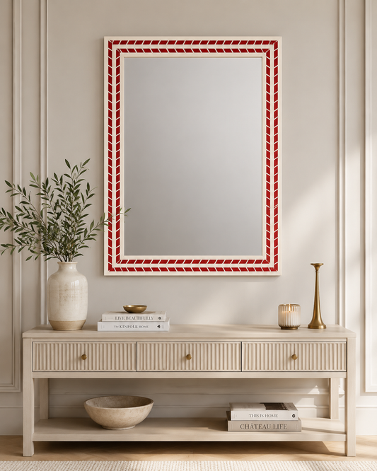 Luxury Red & White Bone Inlay Mirror | Handmade Decorative Wall Mirror | Modern Geometric Inlay Mirror | Entryway Bathroom Vanity