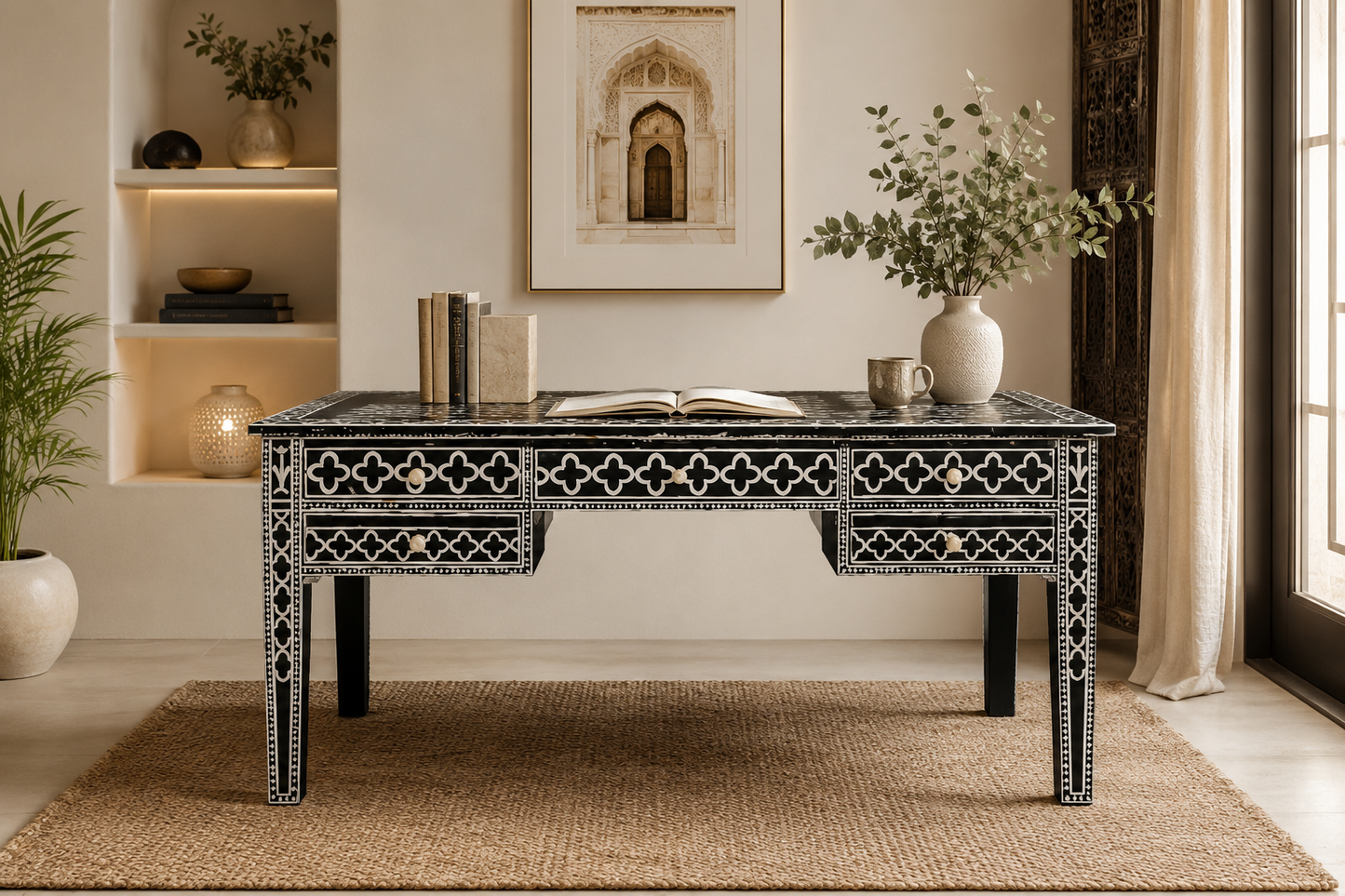 Luxury Black & White Bone Inlay Writing Desk | Handmade Office Desk | Bone Inlay Study Table | Home Office Furniture | Executive Desk | Luxury Workspace | Menthome