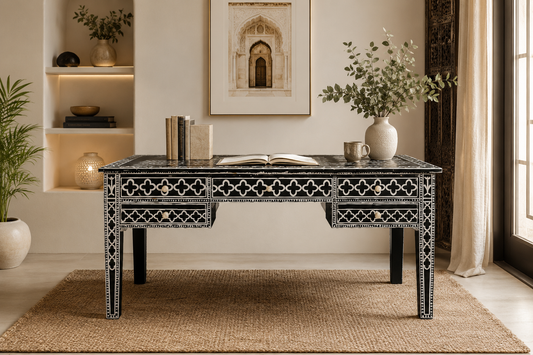 Luxury Black & White Bone Inlay Writing Desk | Handmade Office Desk | Bone Inlay Study Table | Home Office Furniture | Executive Desk | Luxury Workspace | Menthome