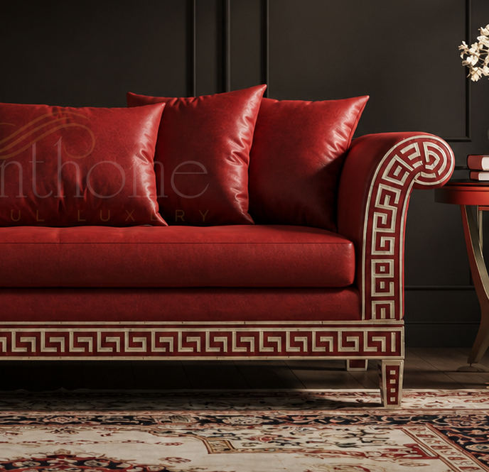 Luxurious Red Inlay Sofa with Greek Key Pattern | Luxury Handmade Sofa