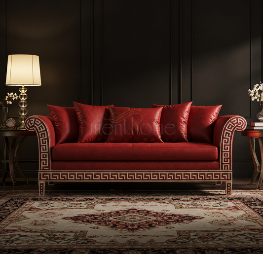Luxurious Red Inlay Sofa with Greek Key Pattern | Luxury Handmade Sofa