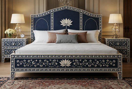 Handcrafted Blue Mother of Pearl & Bone Inlay Lotus Bed with Matching Floral Inlay Design | Luxury King Bed