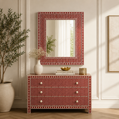 Ready to Ship Bone Inlay Cabinet / Chest of Drawers – Red & White Herringbone Design (42"W x 18"D x 30"H) | Handmade in India