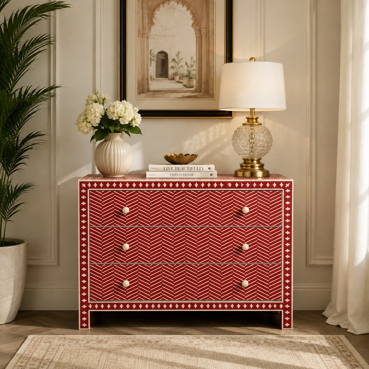 Ready to Ship Bone Inlay Cabinet / Chest of Drawers – Red & White Herringbone Design (42"W x 18"D x 30"H) | Handmade in India