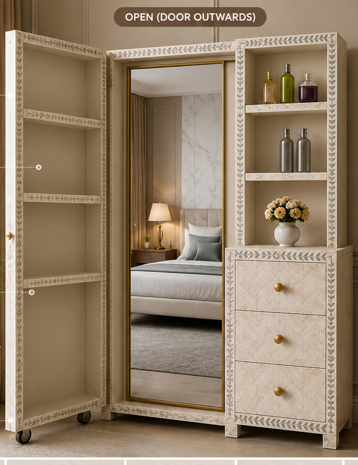 Ivory Bone Inlay Dressing Cabinet with Full-Length Mirror & Storage Shelves – Luxury Bedroom Dresser (36"W x 24"D x 60"H)
