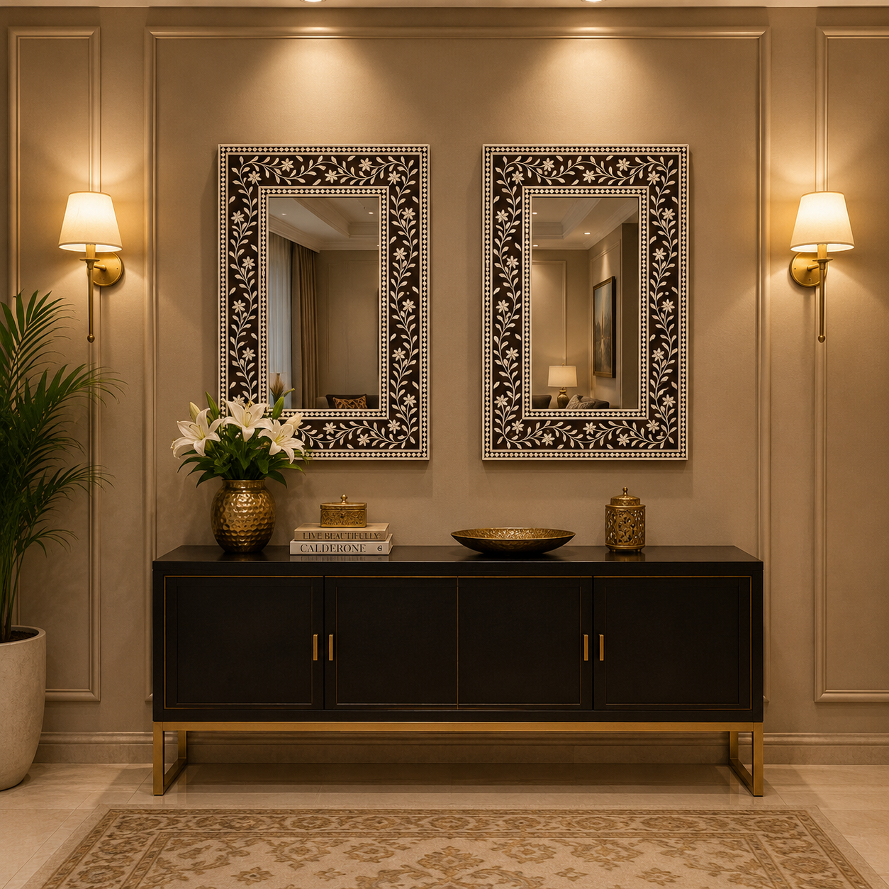Ready to Ship in India | Handmade Bone Inlay Floral Wall Mirror | Luxury Brown & White Decorative Mirror | 16"W x 1"D x 24"H