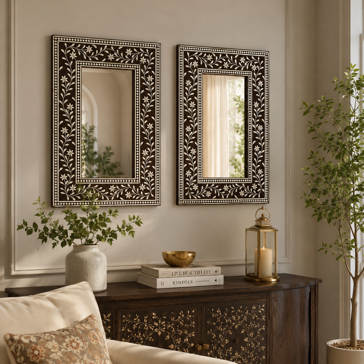 Ready to Ship in India | Handmade Bone Inlay Floral Wall Mirror | Luxury Brown & White Decorative Mirror | 16"W x 1"D x 24"H