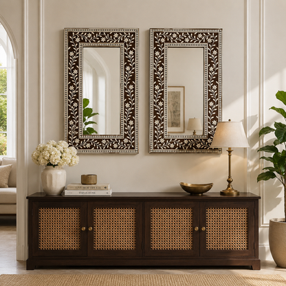 Ready to Ship in India | Handmade Bone Inlay Floral Wall Mirror | Luxury Brown & White Decorative Mirror | 16"W x 1"D x 24"H