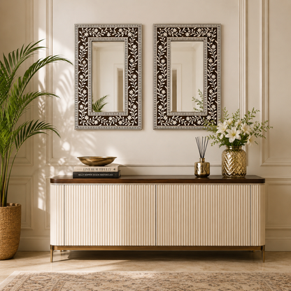 Ready to Ship in India | Handmade Bone Inlay Floral Wall Mirror | Luxury Brown & White Decorative Mirror | 16"W x 1"D x 24"H
