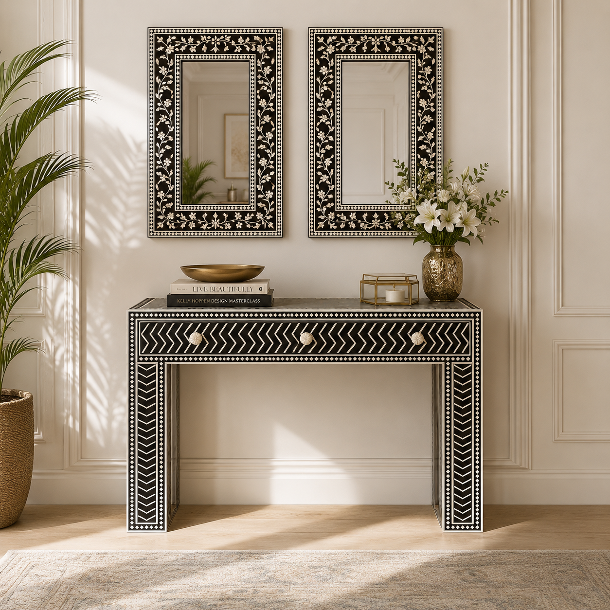 Ready to Ship Bone Inlay Writing Desk / Console Table – Black & White Chevron Design (34"W x 18"D x 30"H) | Handmade in India