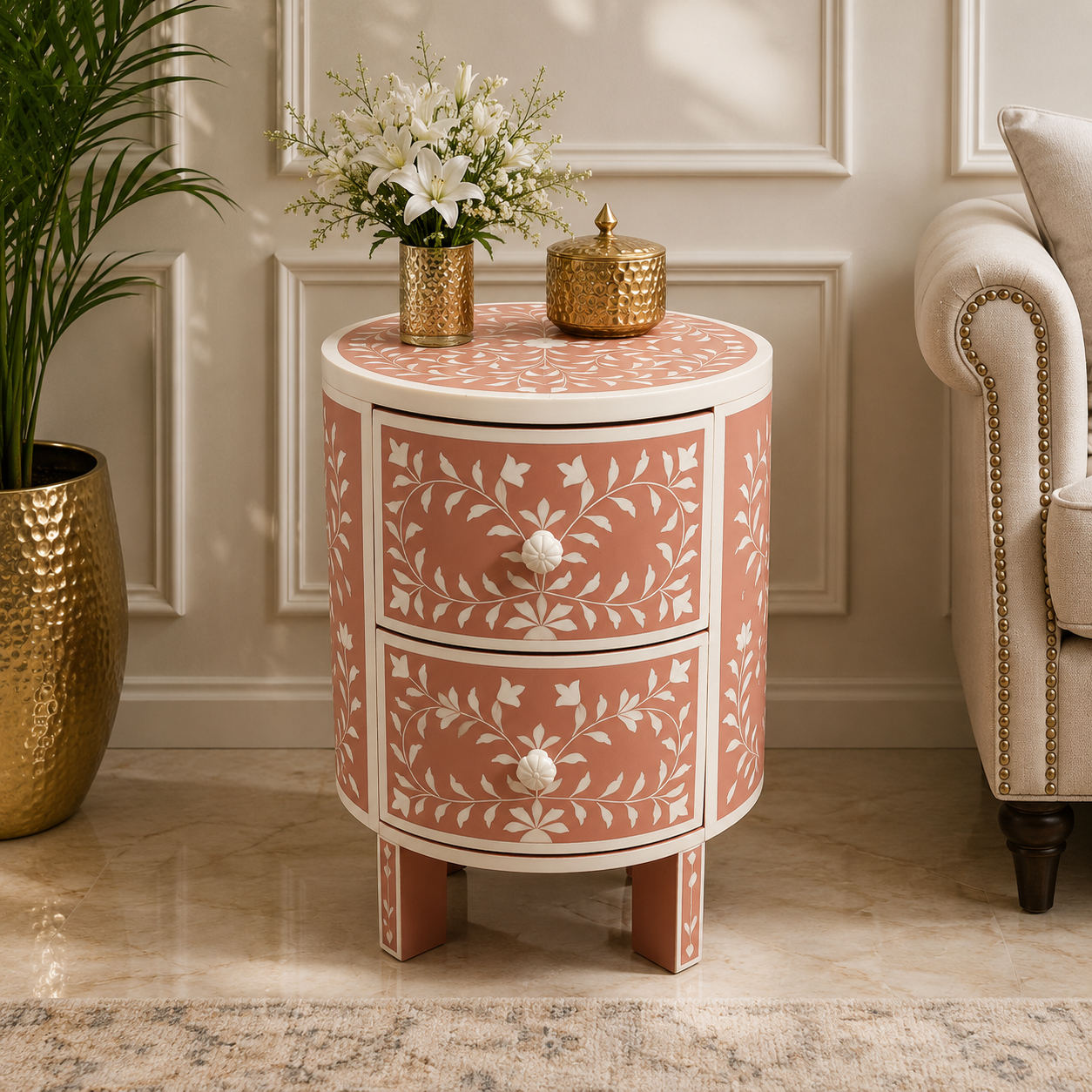 Ready to Ship in India | Pink Bone Inlay Round Bedside Table – Handmade 2 Drawer Nightstand | Floral Bone Inlay Design | 12W x 12D x 18H Inches