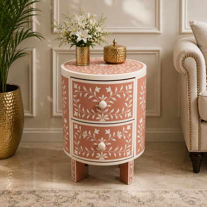 Ready to Ship in India | Pink Bone Inlay Round Bedside Table – Handmade 2 Drawer Nightstand | Floral Bone Inlay Design | 12W x 12D x 18H Inches