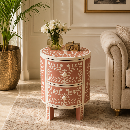 Ready to Ship in India | Pink Bone Inlay Round Bedside Table – Handmade 2 Drawer Nightstand | Floral Bone Inlay Design | 12W x 12D x 18H Inches