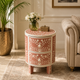 Ready to Ship in India | Pink Bone Inlay Round Bedside Table – Handmade 2 Drawer Nightstand | Floral Bone Inlay Design | 12W x 12D x 18H Inches