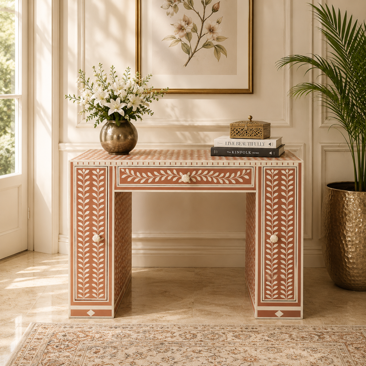 Ready to Ship in India | Pink Bone Inlay Writing Desk with 2 Doors & 1 Drawer – Handmade Study Table & Home Office Desk | 36W x 18D x 30H Inches