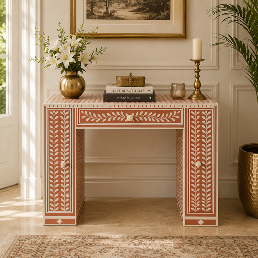 Ready to Ship in India | Pink Bone Inlay Writing Desk with 2 Doors & 1 Drawer – Handmade Study Table & Home Office Desk | 36W x 18D x 30H Inches
