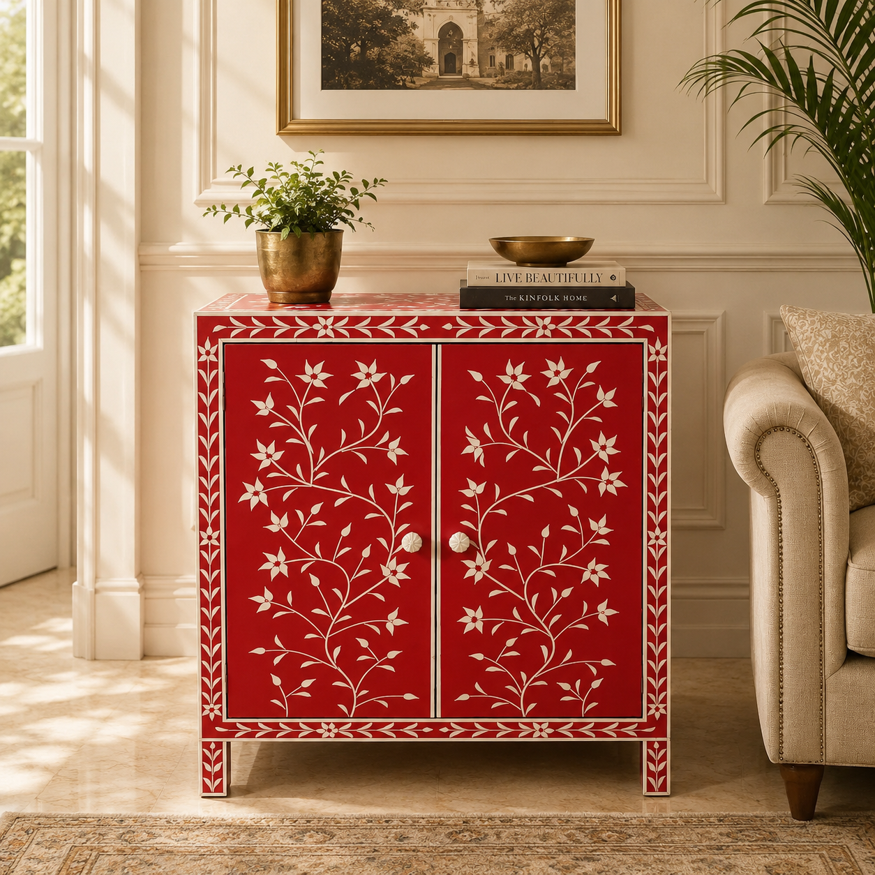 Ready to Ship in India | Red Floral Bone Inlay Cabinet – Handmade 2 Door Storage Cabinet | Luxury Bone Inlay Furniture | 30W x 16D x 35H Inches