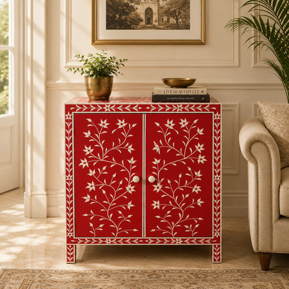 Ready to Ship in India | Red Floral Bone Inlay Cabinet – Handmade 2 Door Storage Cabinet | Luxury Bone Inlay Furniture | 30W x 16D x 35H Inches