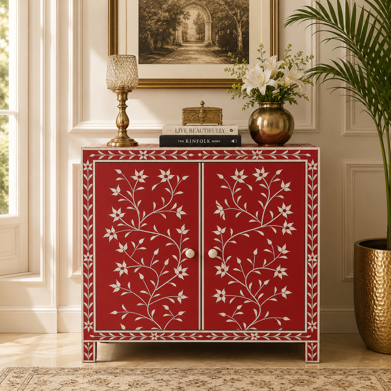 Ready to Ship in India | Red Floral Bone Inlay Cabinet – Handmade 2 Door Storage Cabinet | Luxury Bone Inlay Furniture | 30W x 16D x 35H Inches