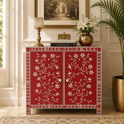 Ready to Ship in India | Red Floral Bone Inlay Cabinet – Handmade 2 Door Storage Cabinet | Luxury Bone Inlay Furniture | 30W x 16D x 35H Inches