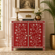 Ready to Ship in India | Red Floral Bone Inlay Cabinet – Handmade 2 Door Storage Cabinet | Luxury Bone Inlay Furniture | 30W x 16D x 35H Inches