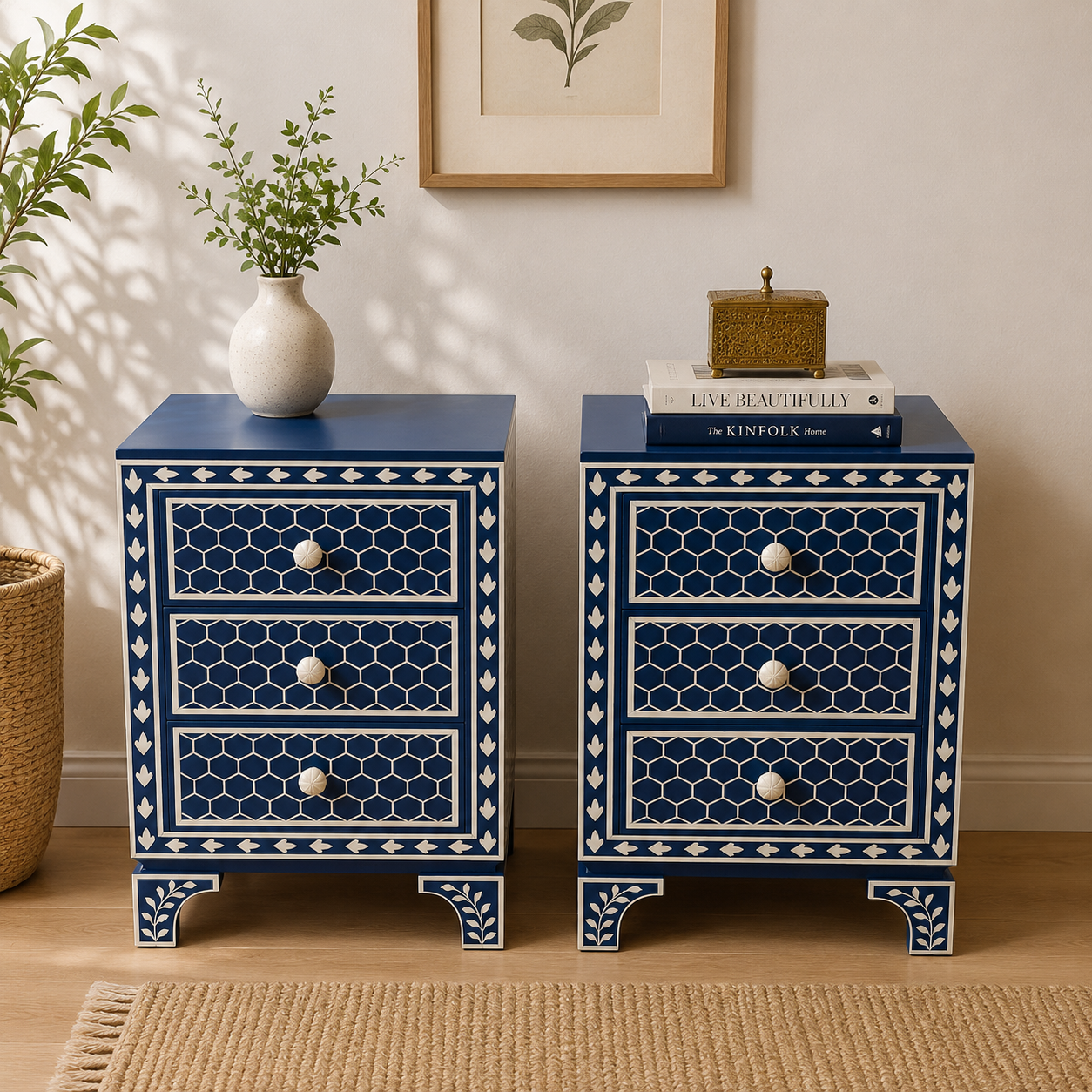 Ready to Ship in India | Blue Bone Inlay Bedside Table Set of 3 Drawer Nightstand | Handmade Bone Inlay Design | 18W x 14D x 26H Inches