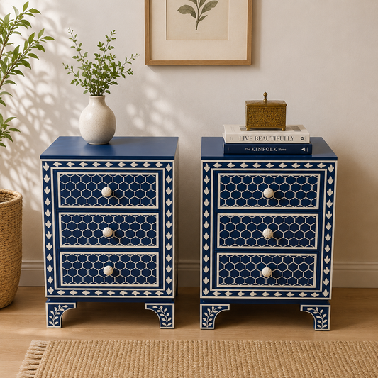 Ready to Ship in India | Blue Bone Inlay Bedside Table Set of 3 Drawer Nightstand | Handmade Bone Inlay Design | 18W x 14D x 26H Inches