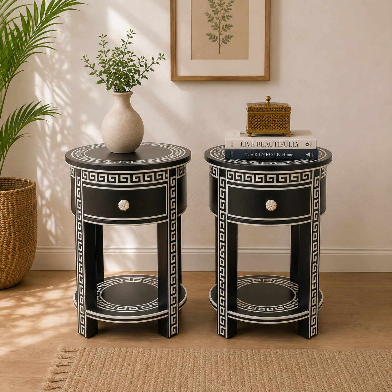Ready to ship Luxury Black Bone Inlay Round Side Table with Drawer | Handmade Bone Inlay Bedside Table | Modern Accent End Table
