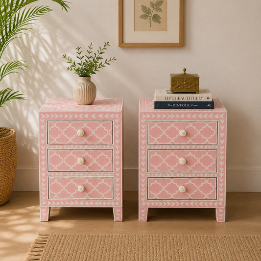 Blush Pink Bone Inlay Bedside Table with 3 Drawers – Luxury Nightstand for Elegant Interiors (18"W x 16"D x 26"H)