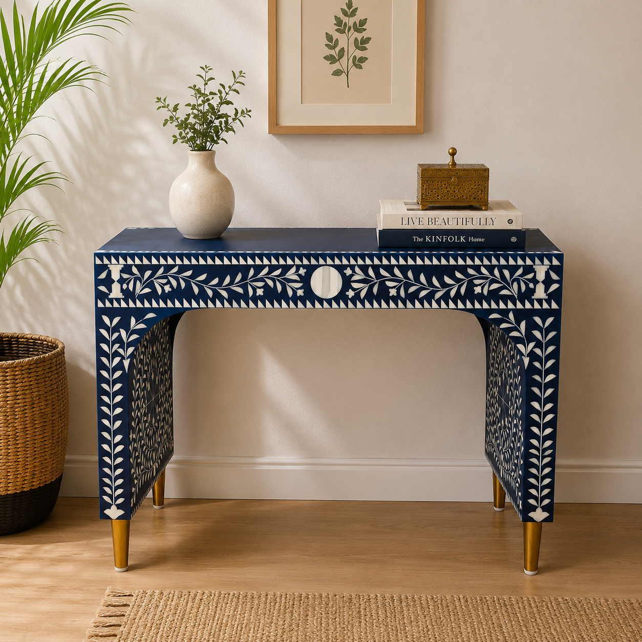 Royal Blue Bone Inlay Writing Desk with Brass Legs – Luxury Accent Desk (36"W x 18"D x 30"H)