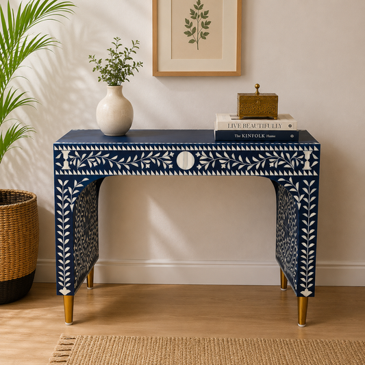 Royal Blue Bone Inlay Writing Desk with Brass Legs – Luxury Accent Desk (36"W x 18"D x 30"H)