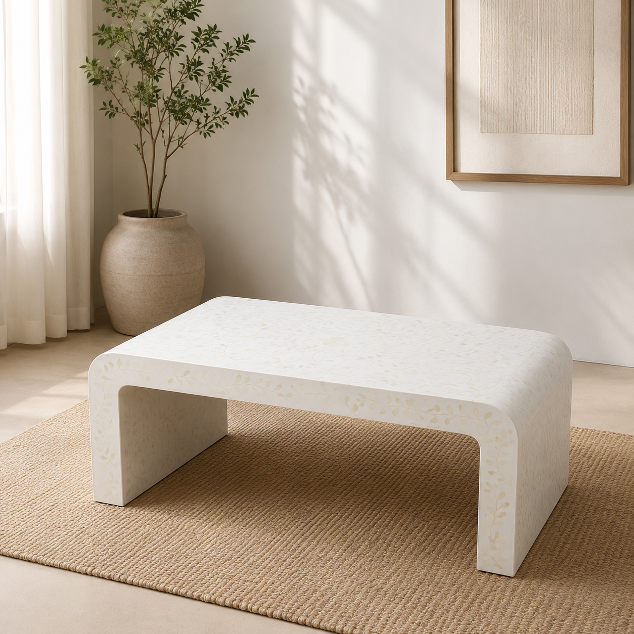 Ivory Mother of Pearl Inlay Waterfall Coffee Table – Luxury Modern Center Table (36"W x 20"D x 16"H)