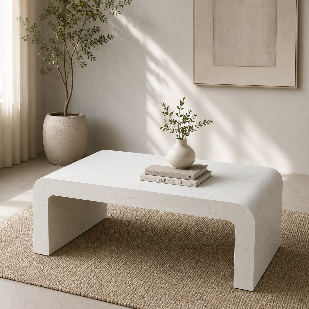 Ivory Mother of Pearl Inlay Waterfall Coffee Table – Luxury Modern Center Table (36"W x 20"D x 16"H)