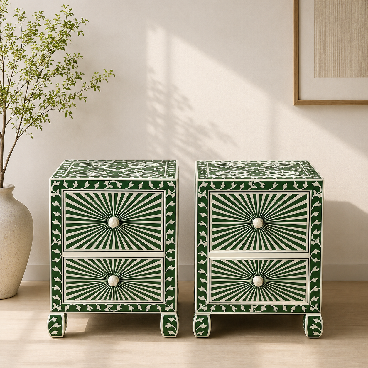Emerald Sunburst Bone Inlay Bedside Table with 2 Drawers – Luxury Nightstand (20"W x 16"D x 28"H)